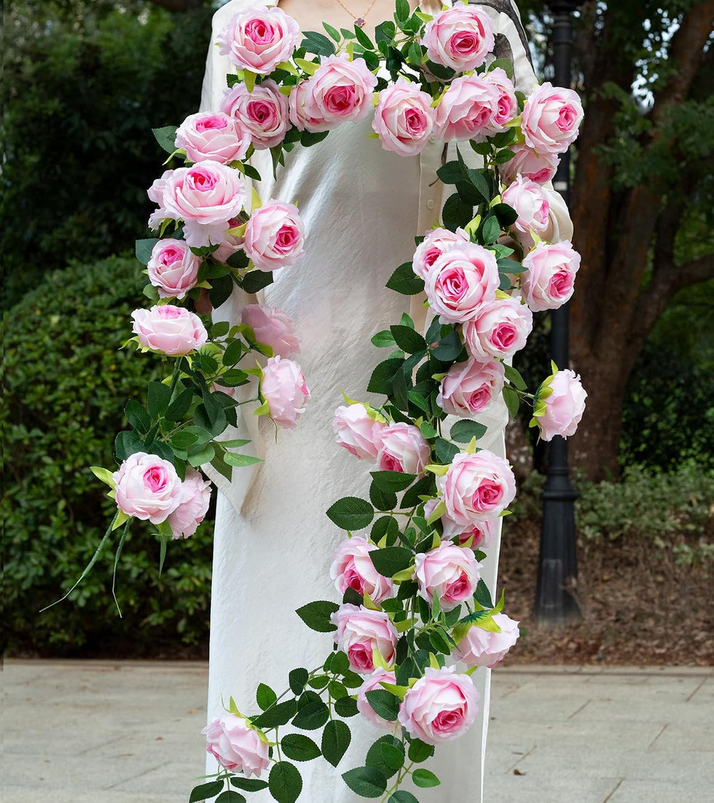 2Pcs 12Ft Bendable Flower Garland Faux Rose Vine for Wedding Decor,Pink