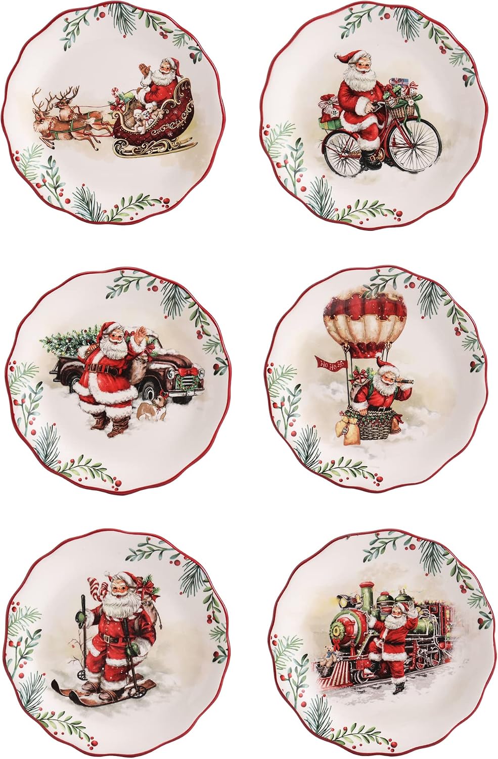 Bico Santa On The Way Scalloped Christmas Appetizer Plates Set of 6, 6 In