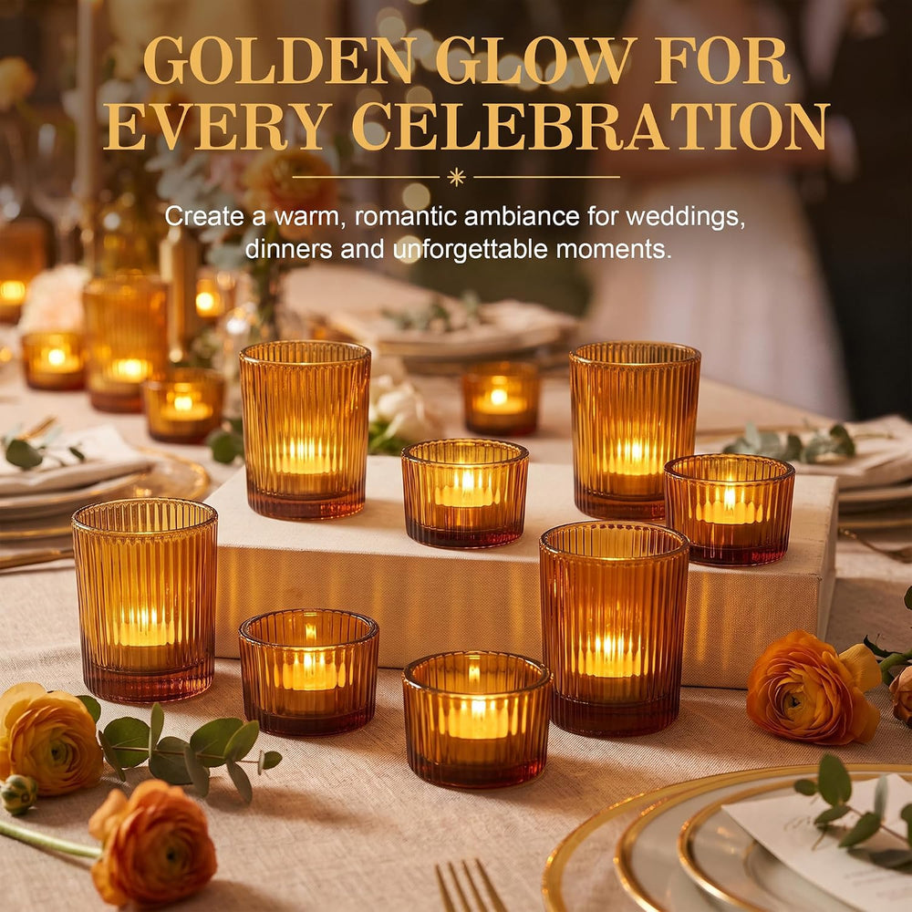 24 Pack Ribbed Amber Glass Votive Candle Holders
