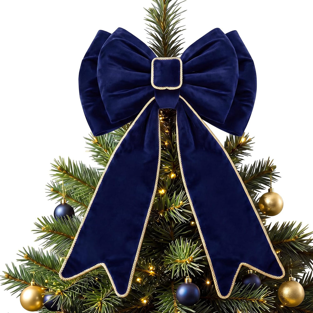 30'' Navy Blue Christmas Tree Topper Velvet Bows Decor with Gold Trim