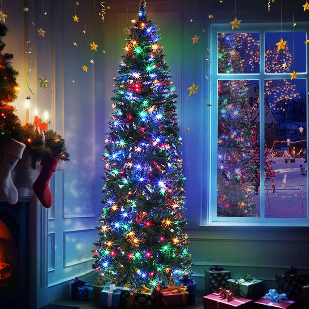 6Ft Prelit Pencil Christmas Tree with 240 Warm White&Colors Changing Lights