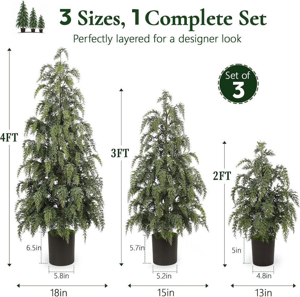 3PCS Christmas Artificial Cedar Trees for Outdoors Decorations, 2FT/3FT/4FT
