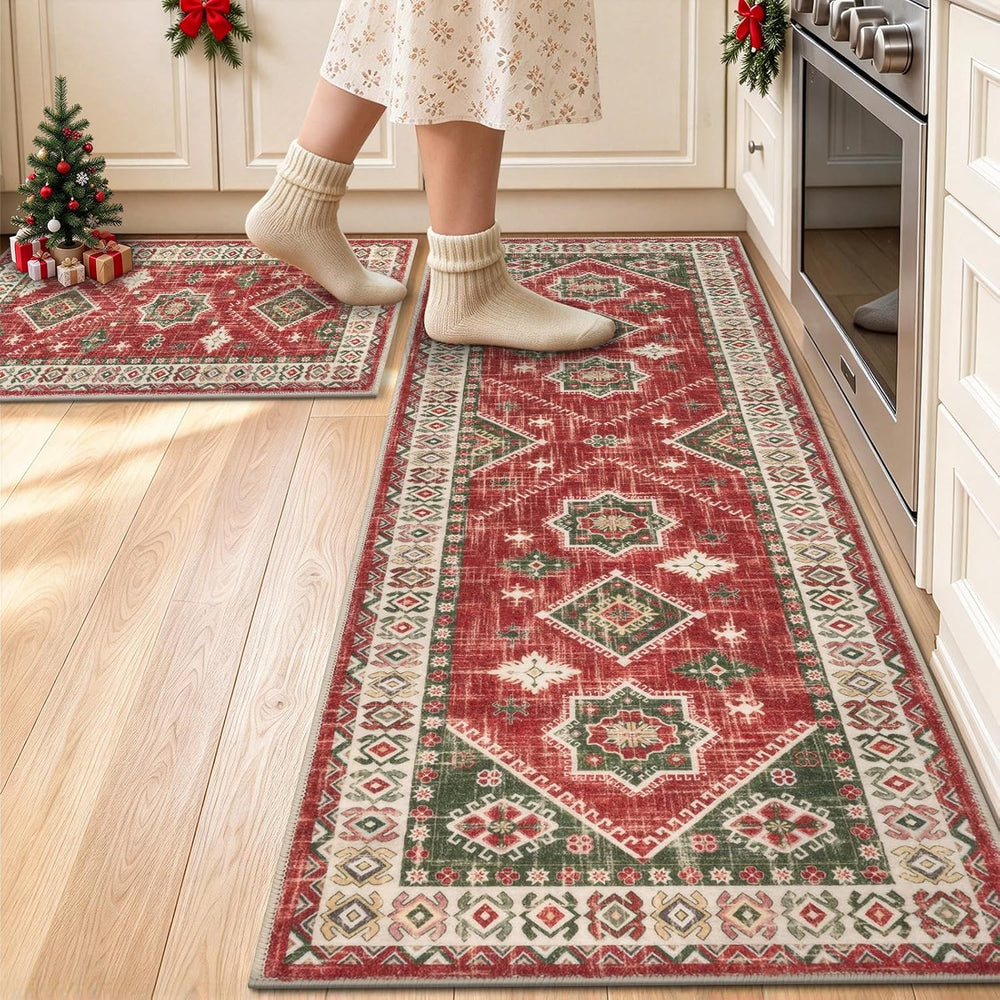 HEBE Christmas Kitchen Rugs Set of 3, Red Washable Kitchen Mats for Floor