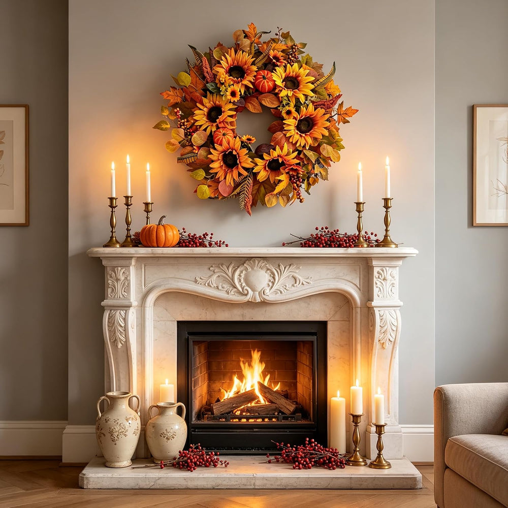Fall Wreaths for Front Door, 26 Inch Autumn Harvest Wreath with Sunflowers, L...