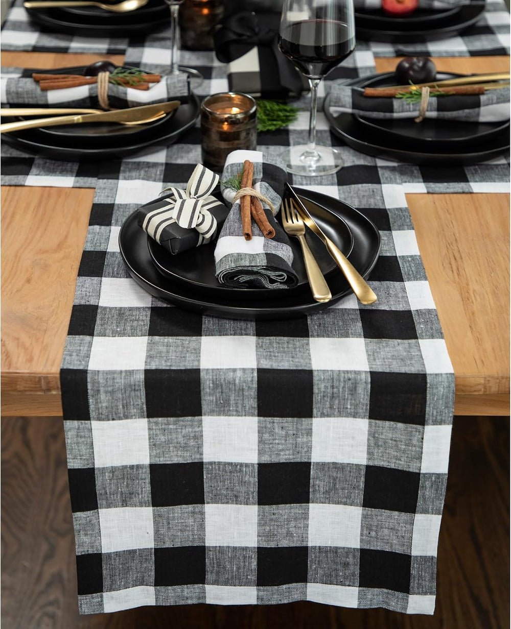 Solino Home 100% Linen Table Runner, 14 x 108 in, Black and White Check