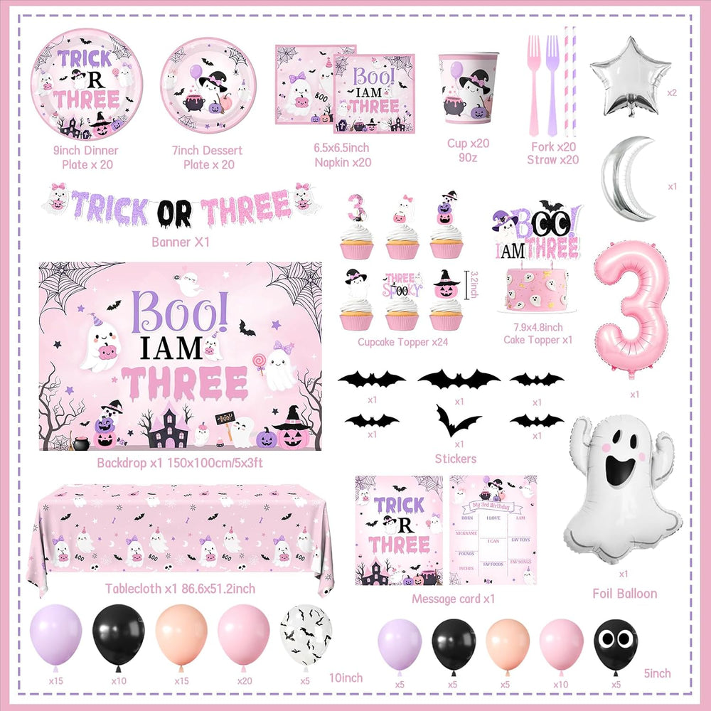 Trick or Three Birthday Party Girl,Halloween 3rd Birthday Decorations Girl
