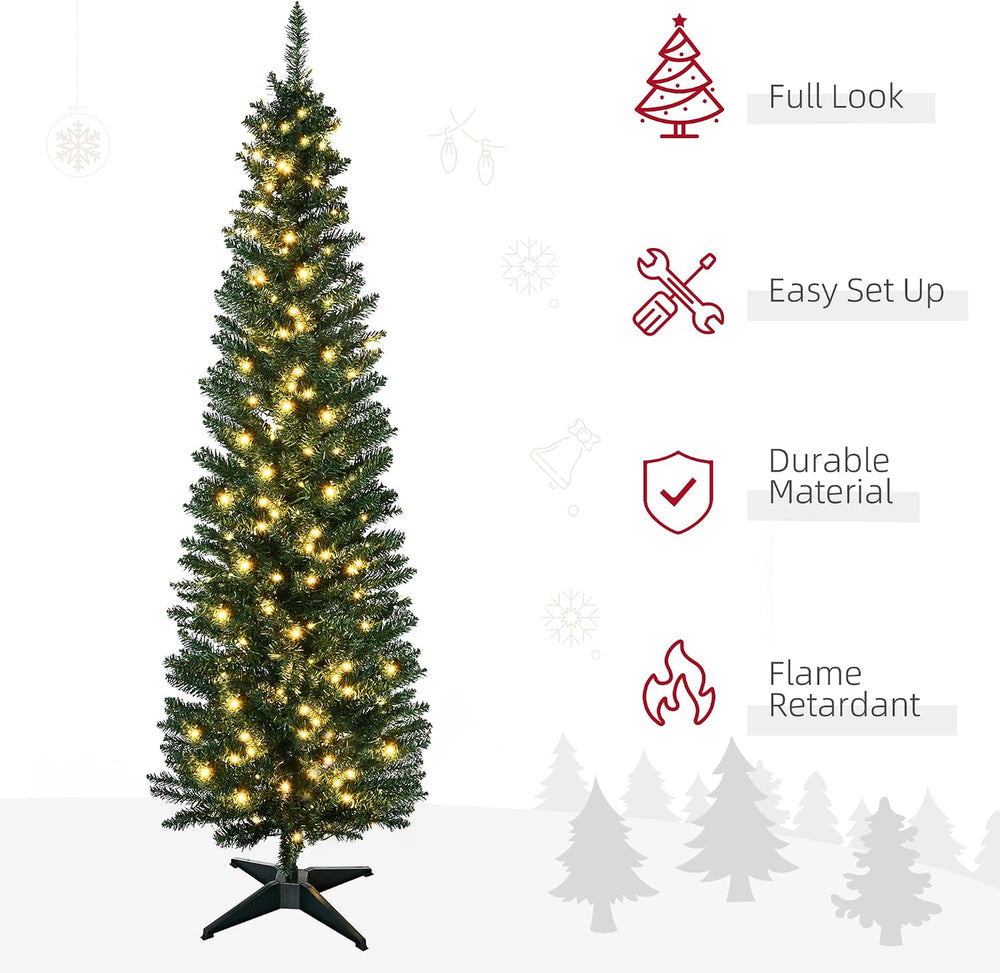 HOMCOM 7' Tall Pre-Lit Noble Fir Artificial Pencil Christmas Tree Green