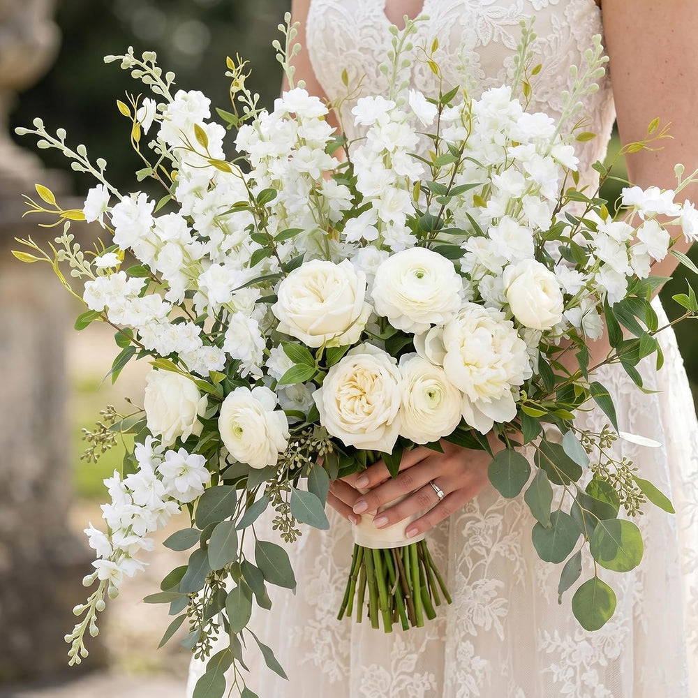 20PCS 33.5" White Artificial Delphinium Flowers with Clematis Greenery