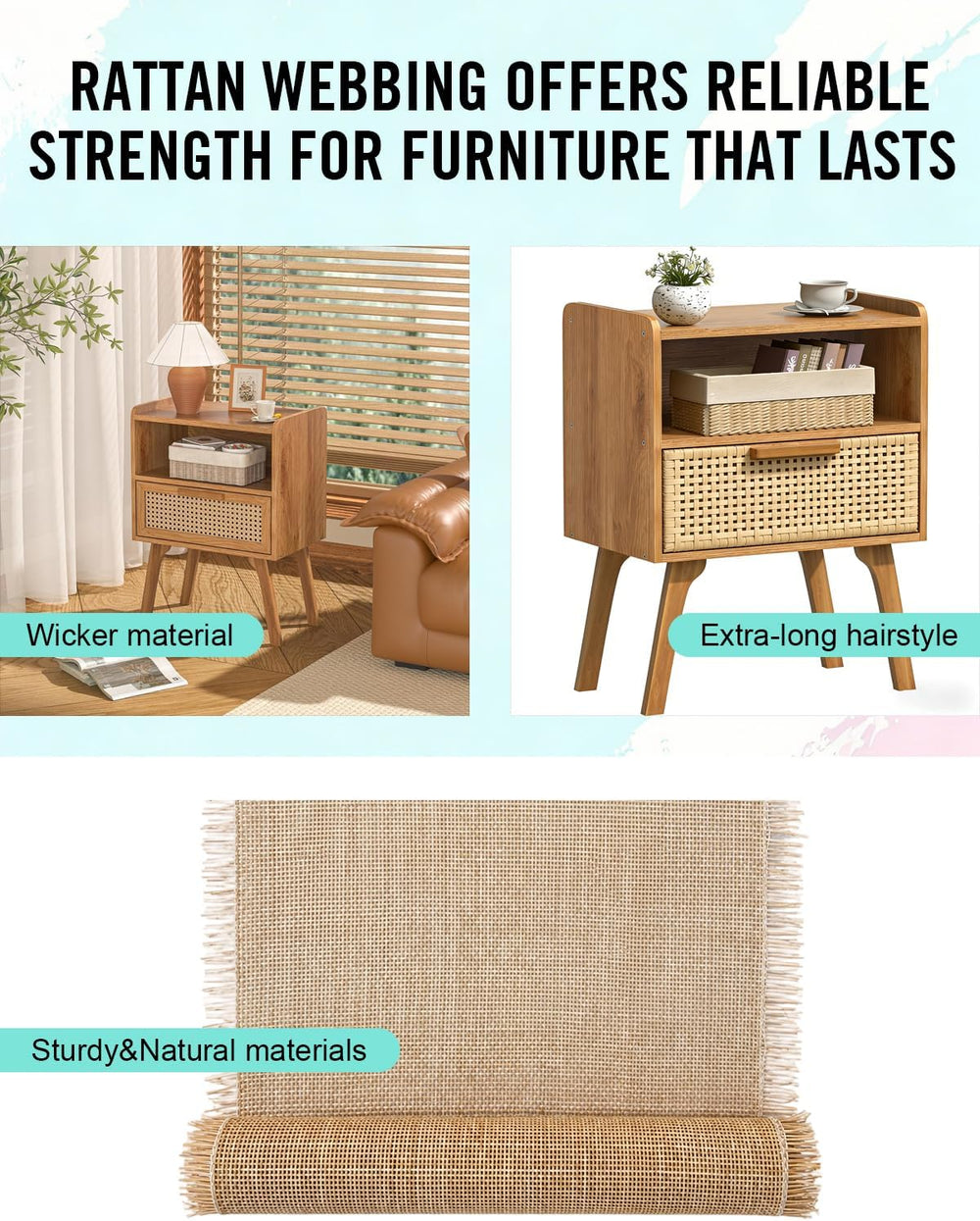 24"×16.6FT Width Natural Square Cane Webbing Material for DIY