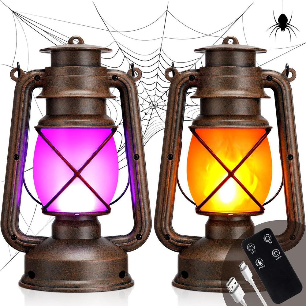 2 Pcs Halloween LED Lantern Rechargeable Flickering Flame Remote