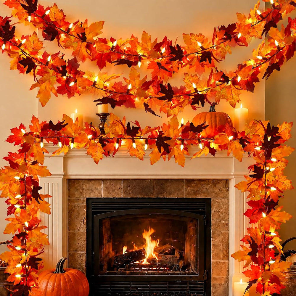 2Pack 9Ft 50 LED Maple Leaf Garland Battery Operated with Timer,8 Modes Water...