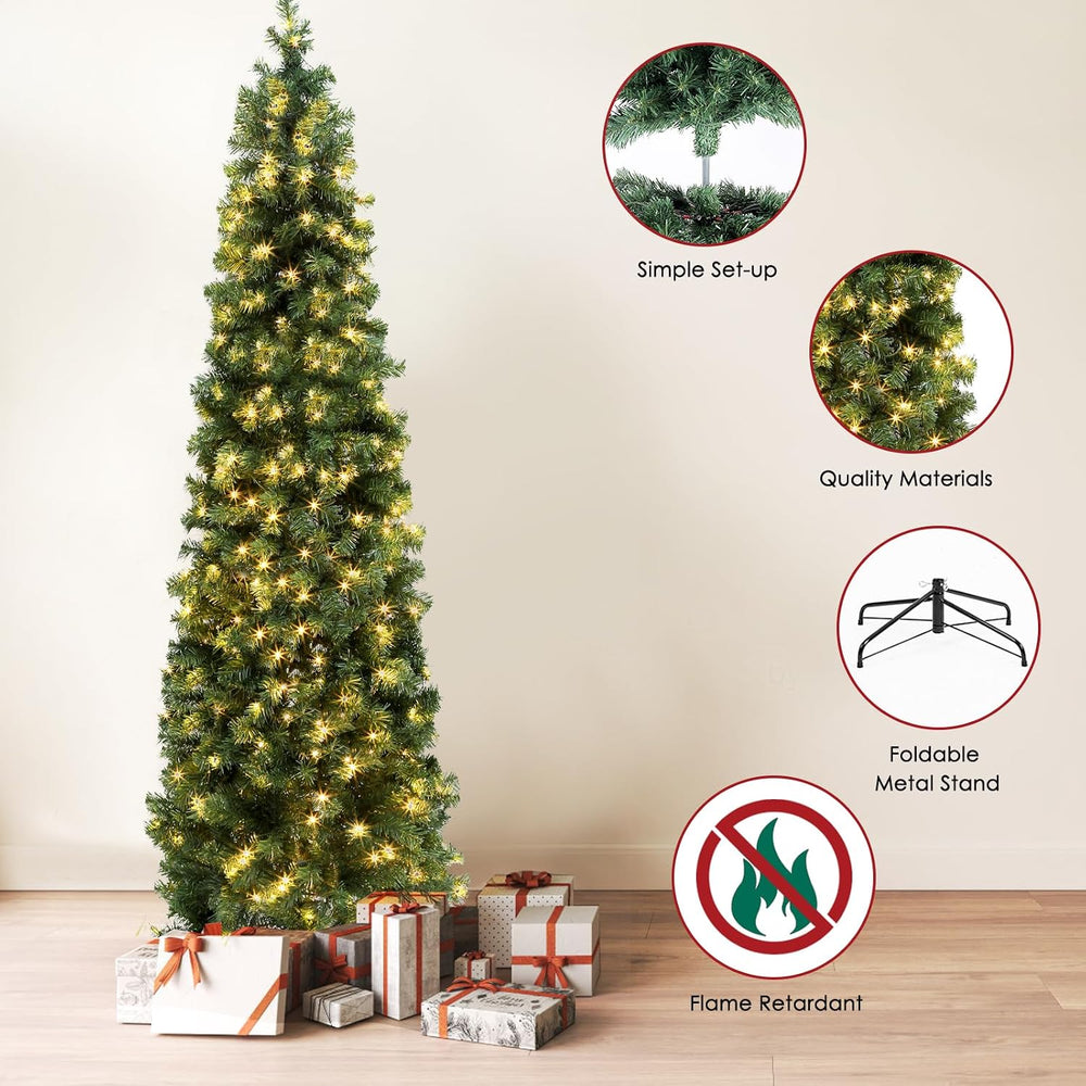 Okicoler Pre-Lit Pencil Artificial Holiday Slim Christmas Tree with Warm Ligh...
