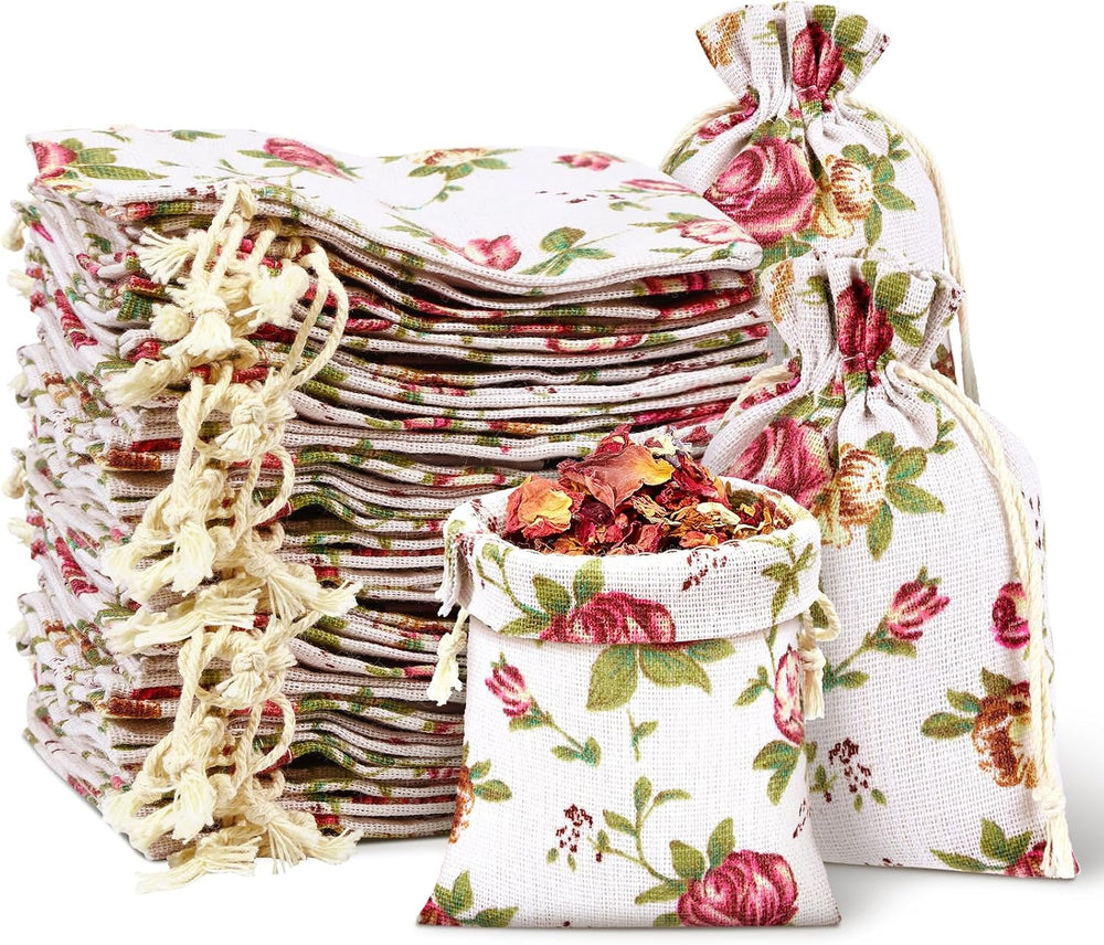 Pangda 100 Pcs Floral Burlap Drawstring Bags Small Rose Pouches for Jewelry