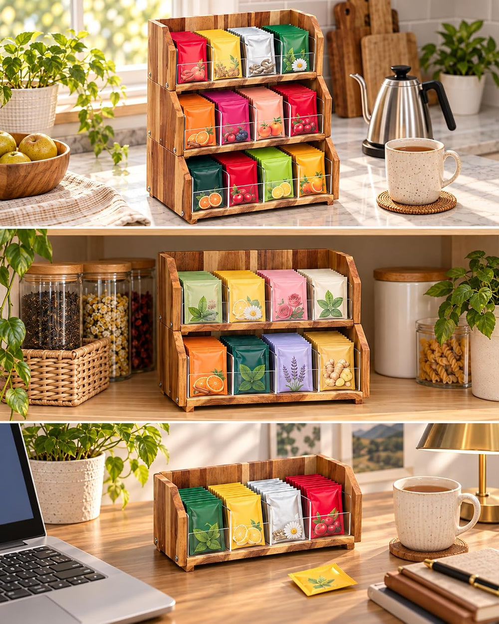 Solid Acacia Wood Tea Bag Organizer, 3 Tiers in Large, Medium & Small