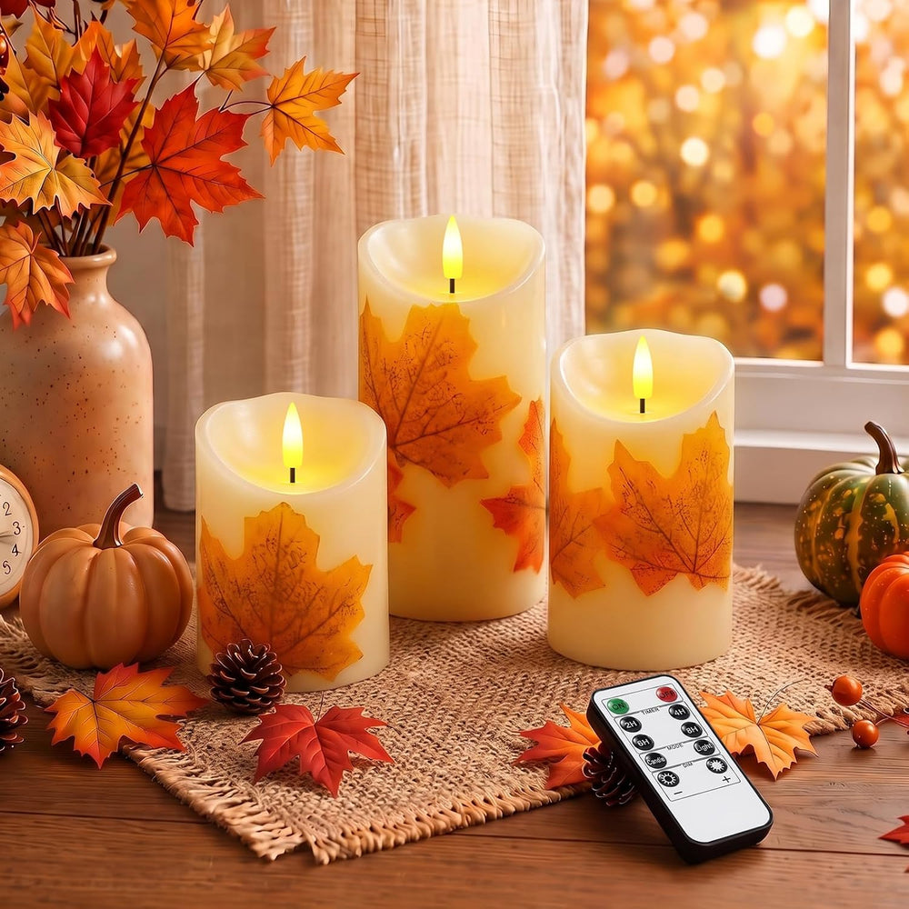 Raycare Maple Leaf Real Wax Flameless LED Pillar Candles with Timer Remote