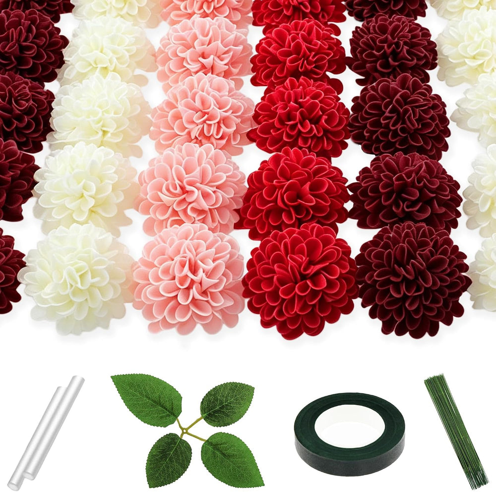100 Pcs 3 in Artificial Dahlia Head Bulk (4 Shades of Red Ivory)