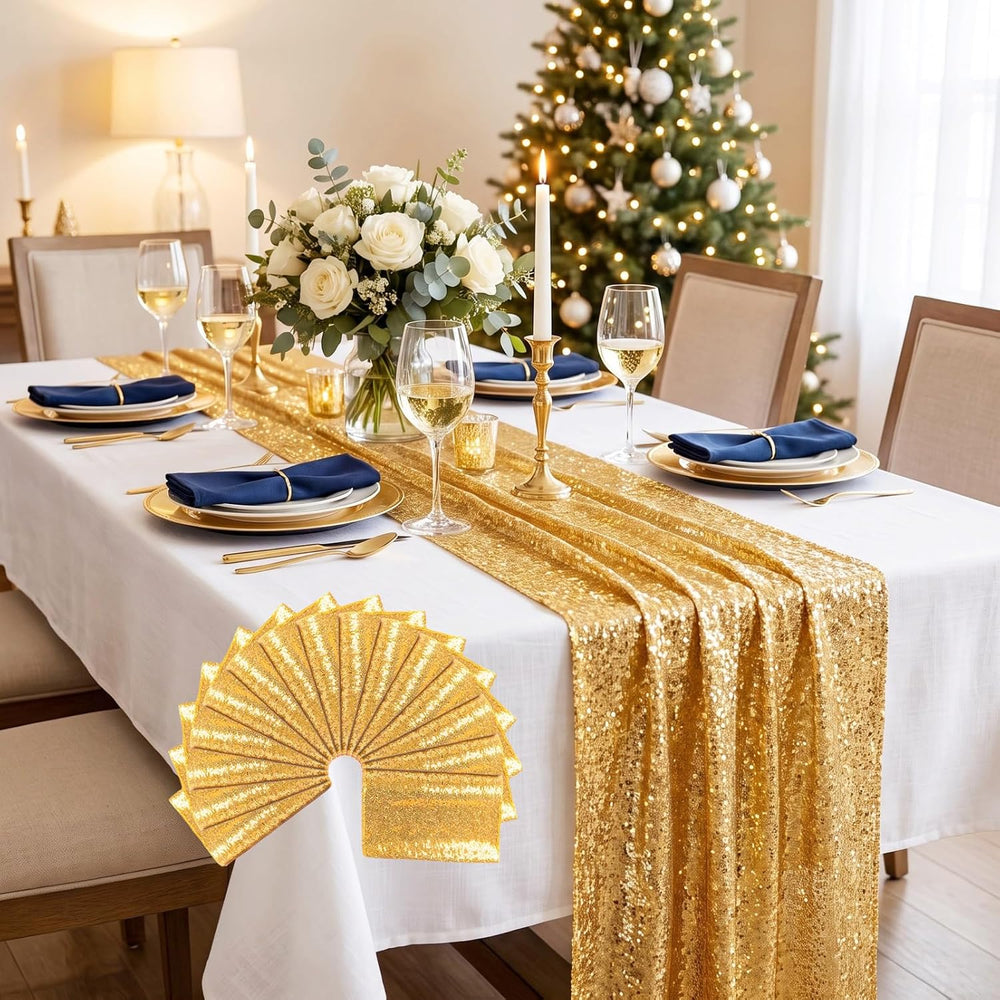 ShinyBeauty 15 Pack Gold Sequin Table Runner 12x108 Inches Wedding Party