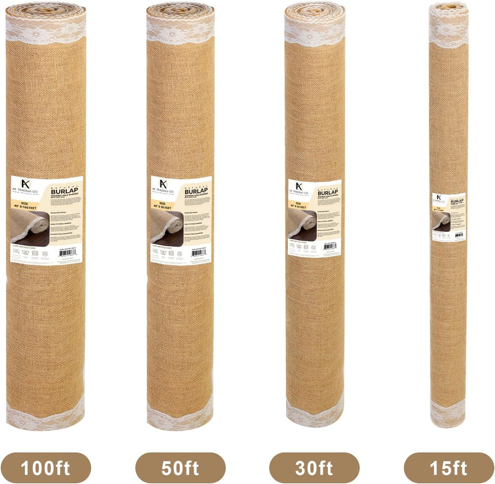 AK TRADING CO. 40" Wide Natural Burlap Wedding Aisle Runner with Ivory L...