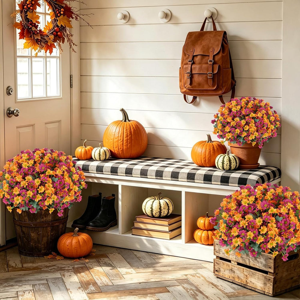 12 Bundles Fall Flowers Artificial, UV Resistant Faux Mums for Outdoors