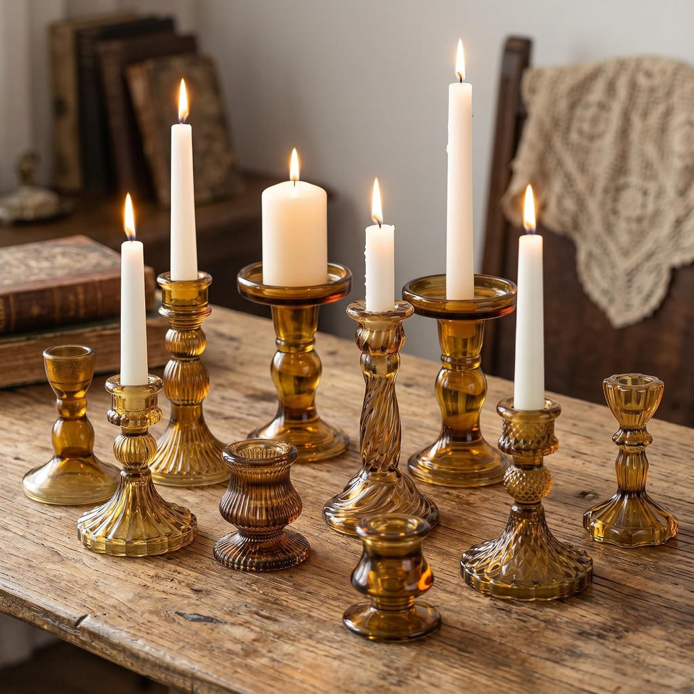 Mumufy 10 Pcs Glass Taper Crystal Candle Holders,Classic,Brown