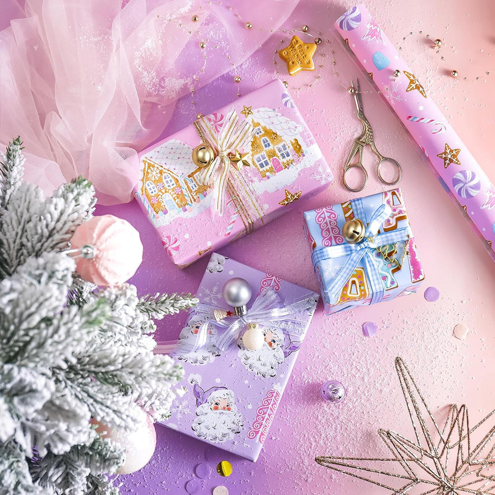 WRAPAHOLIC Christmas Wrapping Paper Set - Pastel Pink Purple Gingerbread Hous...