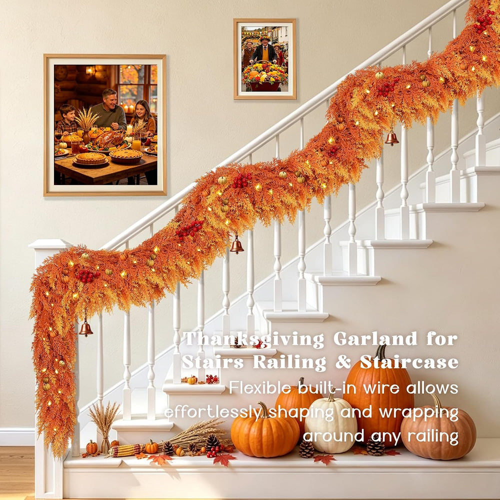 Thanksgiving Decorations, 9 FT Fall Cedar Garland with Lights for Mantle