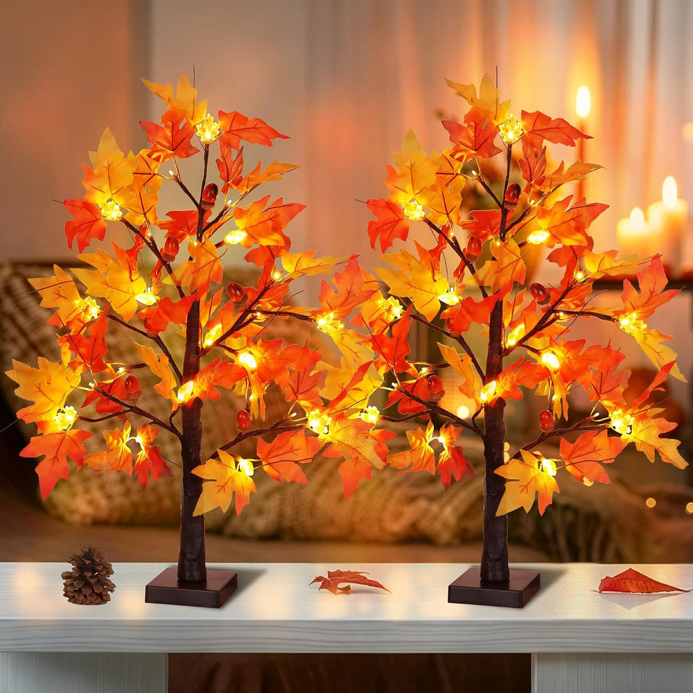 2 Pack 24 Inch Lighted Fall Maple Trees, Battery Operated Artificial Thanksgi...