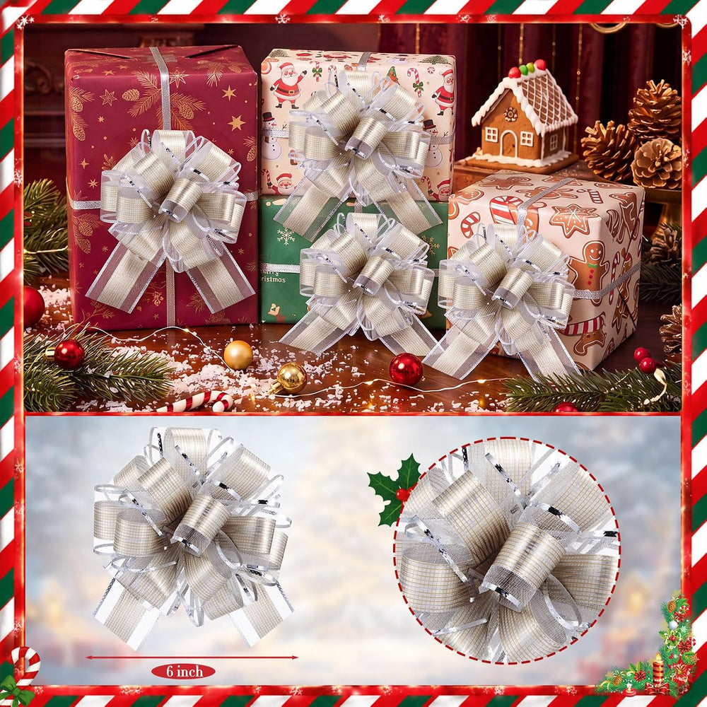 48 Pcs 6 Inch Xmas Pull Bows for Gift Wrapping, Silver