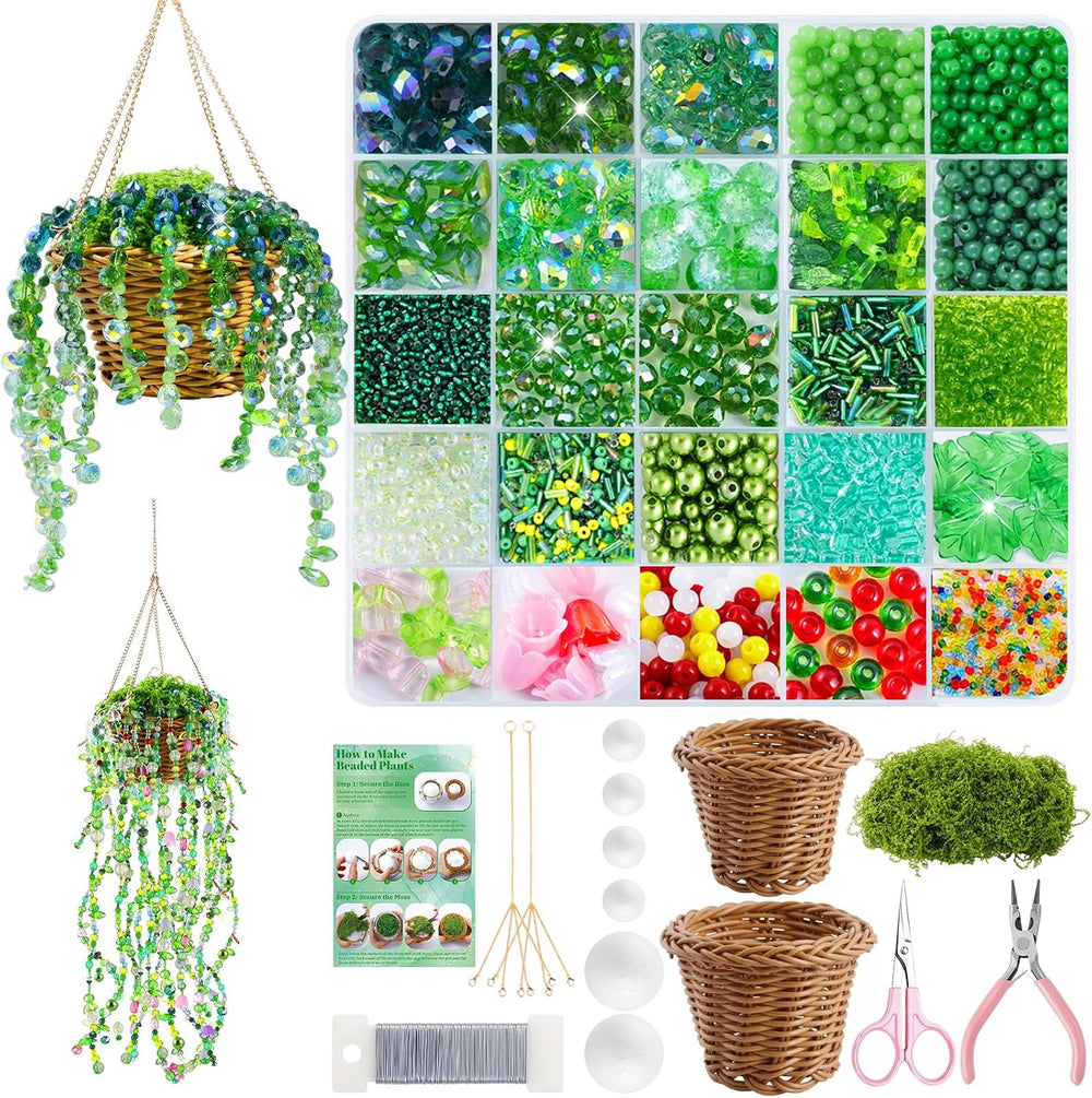 Wurosi 4074 Pcs Green Glass Beaded Plant Kit with Rattan Basket & Chains