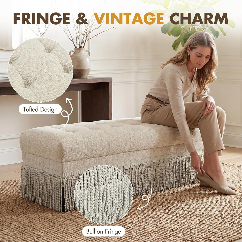 47-Inch Chenille Ottoman Bench Vintage Tufted Fringe Design Beige