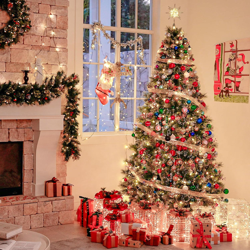 Hykolity 7.5 ft Partilly Flocked Prelit Christmas Tree with Pine Needles