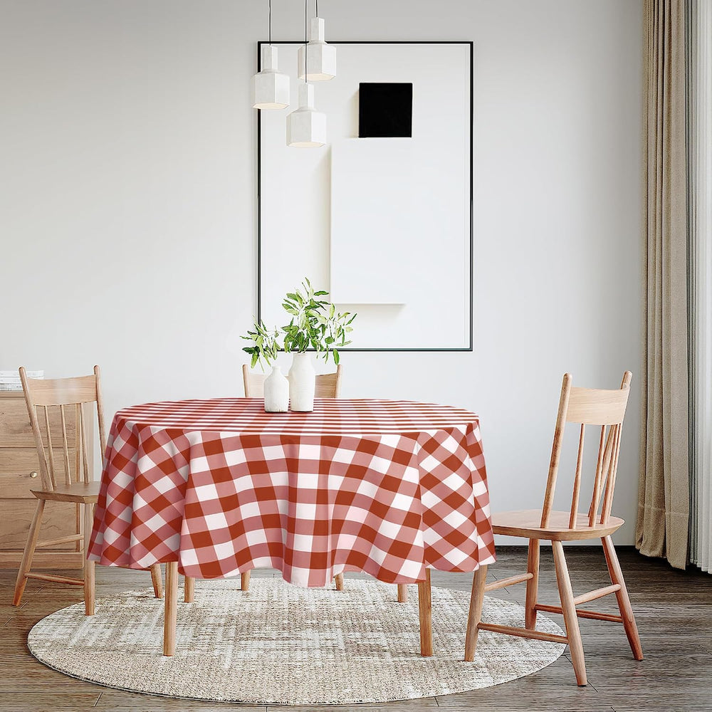 Hiasan Waterproof Checkered Round Tablecloth 120 Inch, Rust and White
