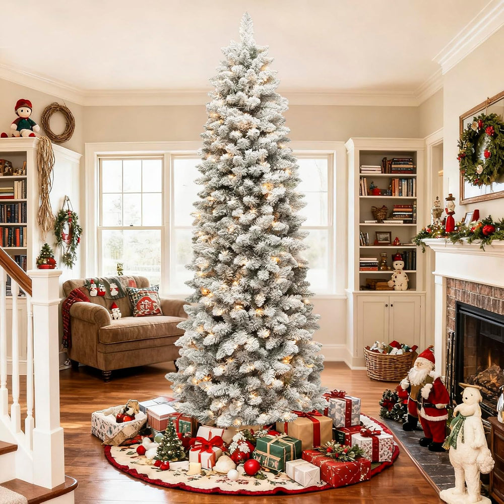 Hykolity 7.5ft Prelit Slim Flocked Christmas Tree with 240 Multicolor LEDs