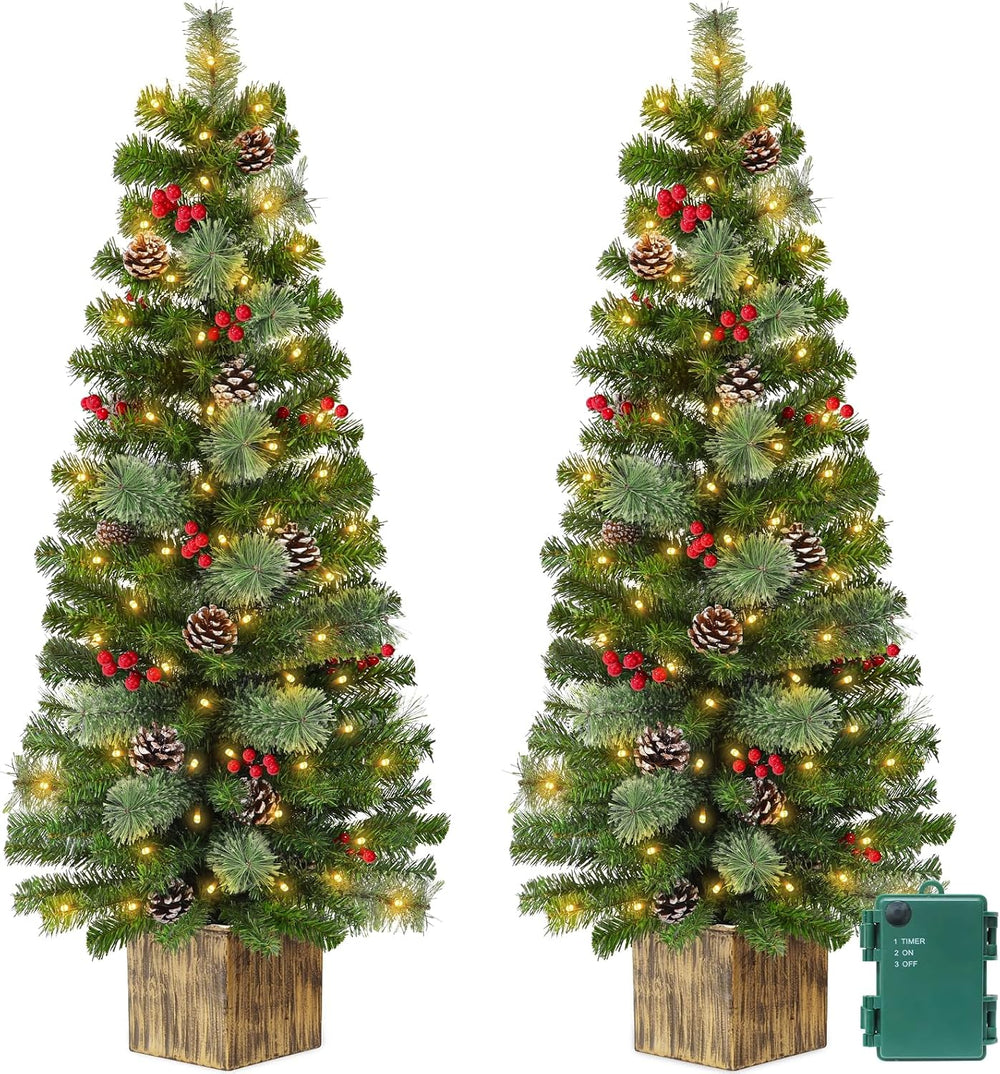 2 Pack 4 Ft Artificial Christmas Entrance Tree with 60 LED Warm White Light