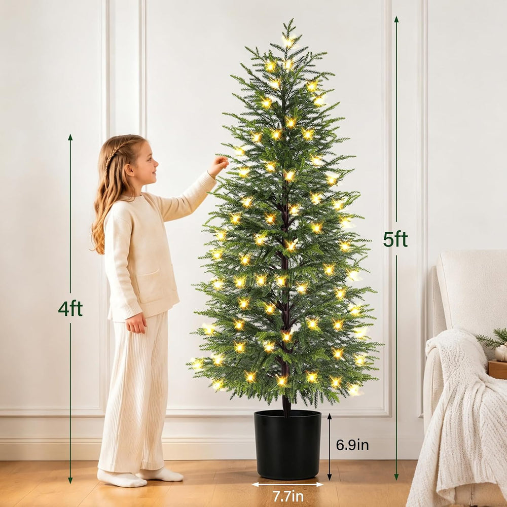 5FT Prelit Norfolk Pine Christmas Tree Real Touch Artificial Cedar Tree with ...