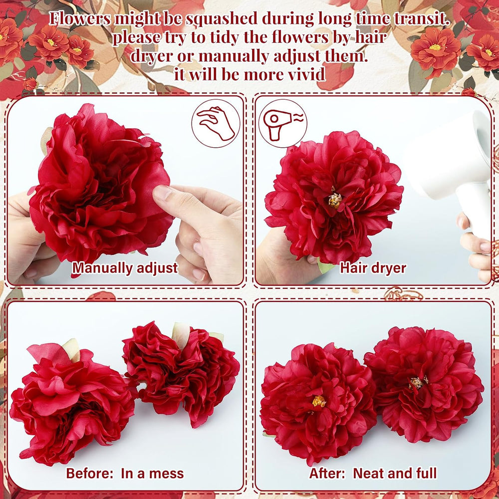 50 Pcs Artificial Peony Flowers with Wire Stems, Red
