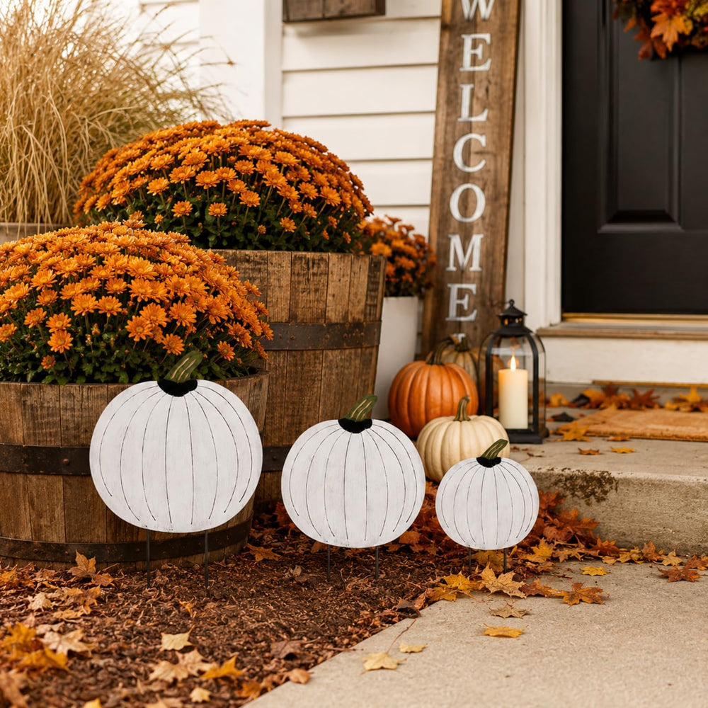 GlikCeil 3 Pcs Fall Decor Outdoor Rustic Pumpkin Stakes, Fall, White