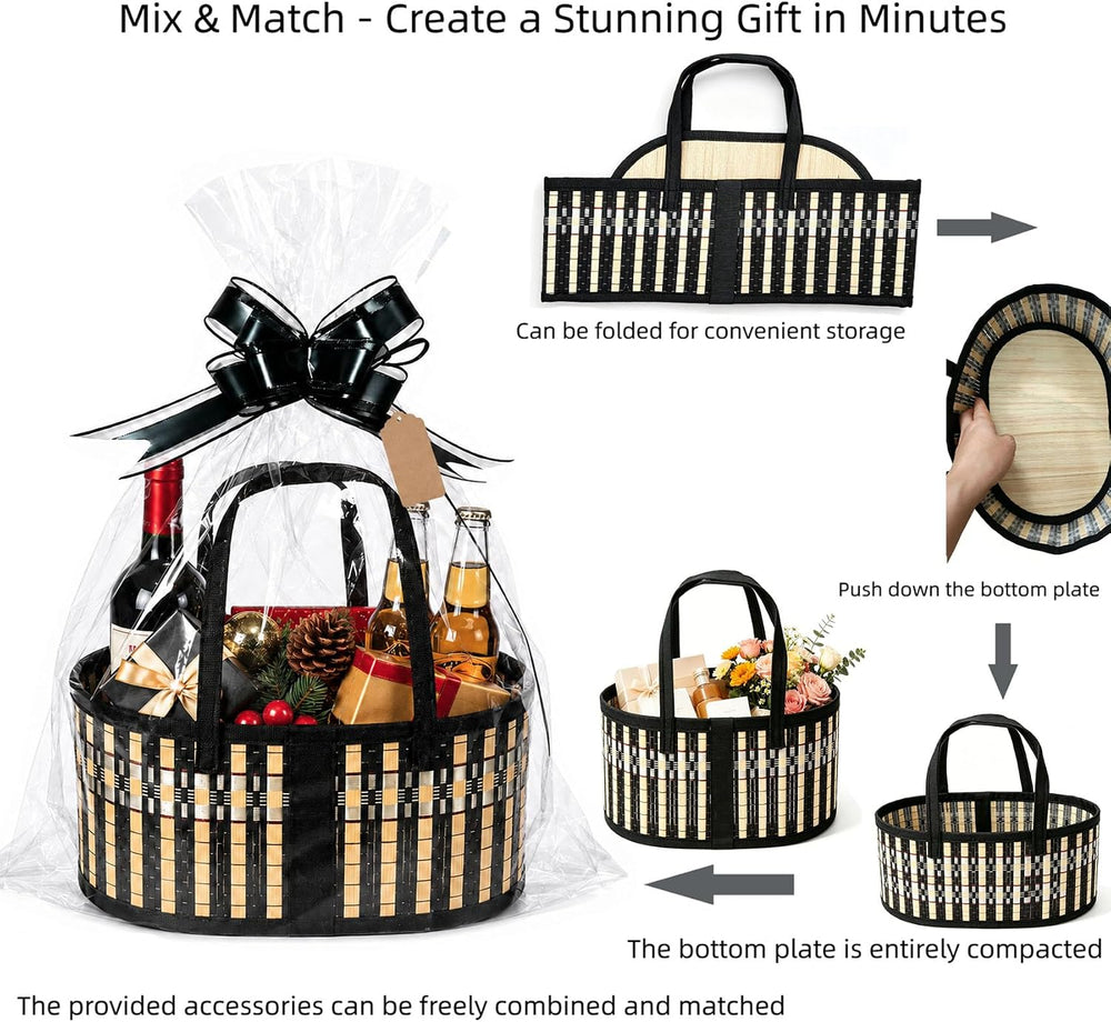 6 pack Bamboo Gift Basket Empty Bulk, Woven Basket for Gifts Empty, Black