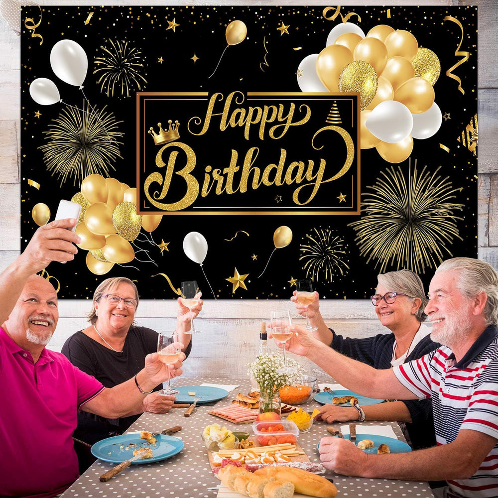Black and Gold Happy Birthday Party Decoration Backdrop - 10x8ft Golden Ballo...