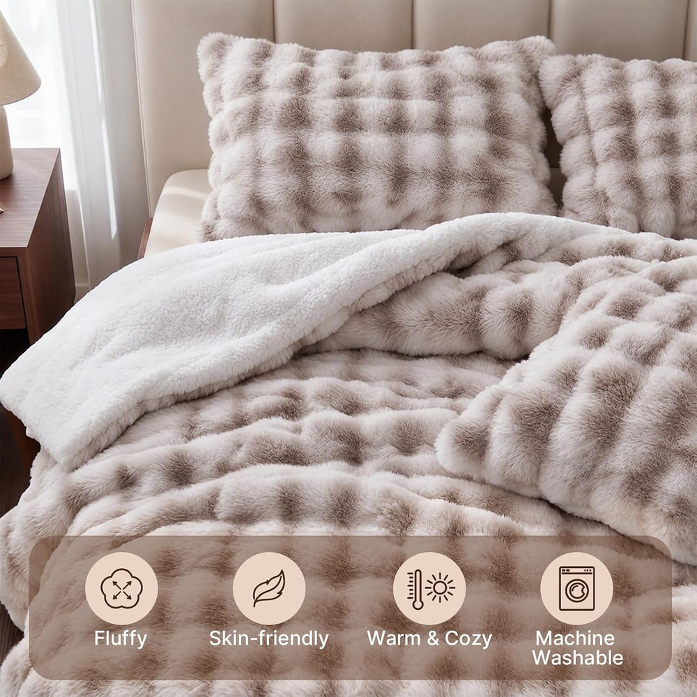DAICO Fluffy Faux Rabbit Fur Bubble Comforter Set King Size Tie Dyed Taupe
