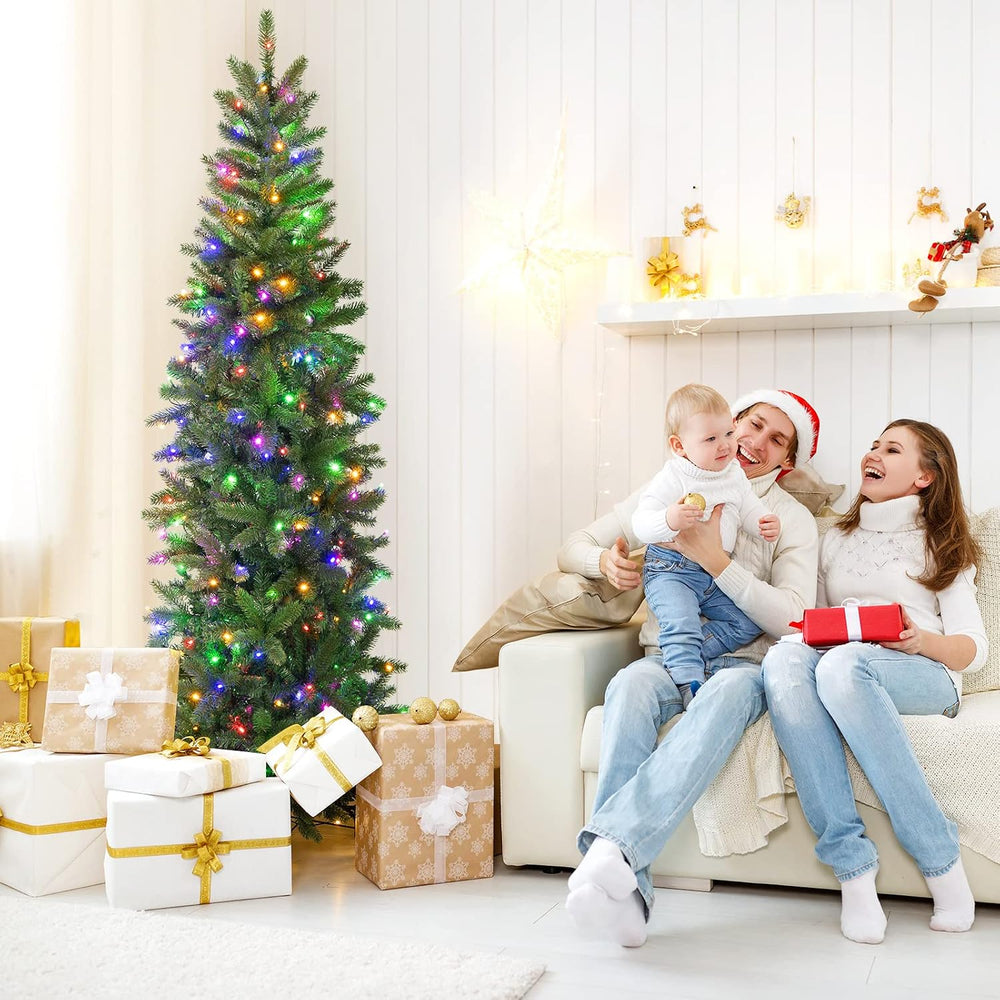 Goplus 7.5ft Pre-Lit Pencil Christmas Tree with 350 Lights, 10 Light-Modes