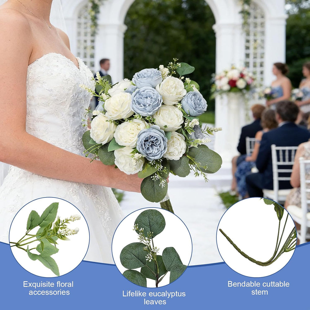12 Bundles Dusty Blue White Artificial Peonies Silk Flowers Bulk
