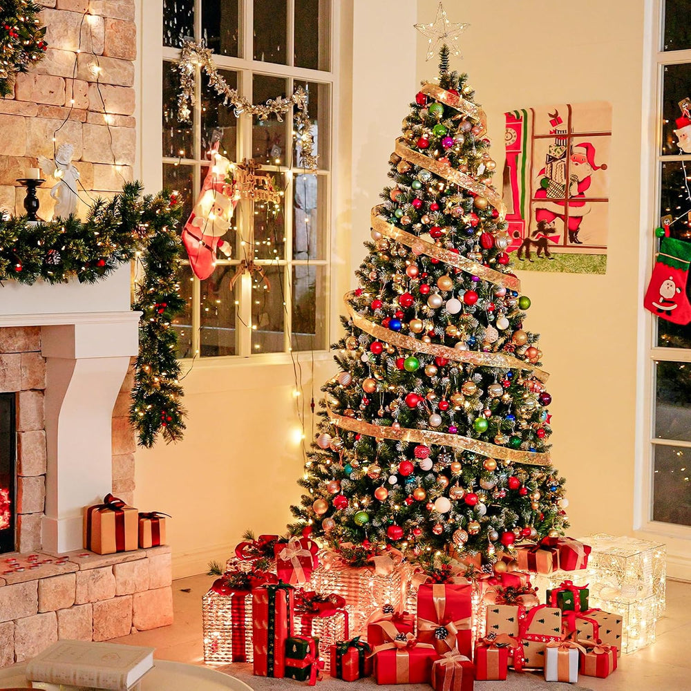 Hykolity 7.5 ft Flocked Christmas Tree, 350 Warm White LED Lights, Artificial...