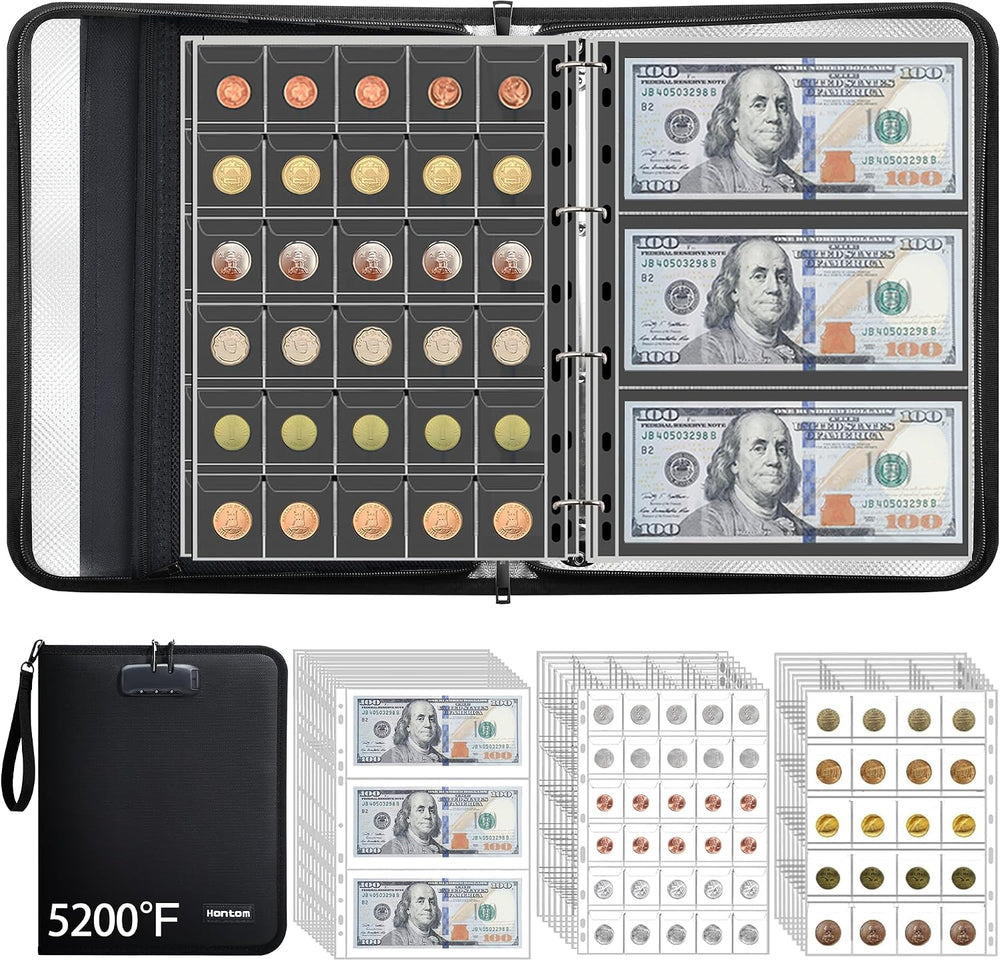 400-Pocket Fireproof Coin Book with Lock & 36 Paper Currency Binder Sleeves