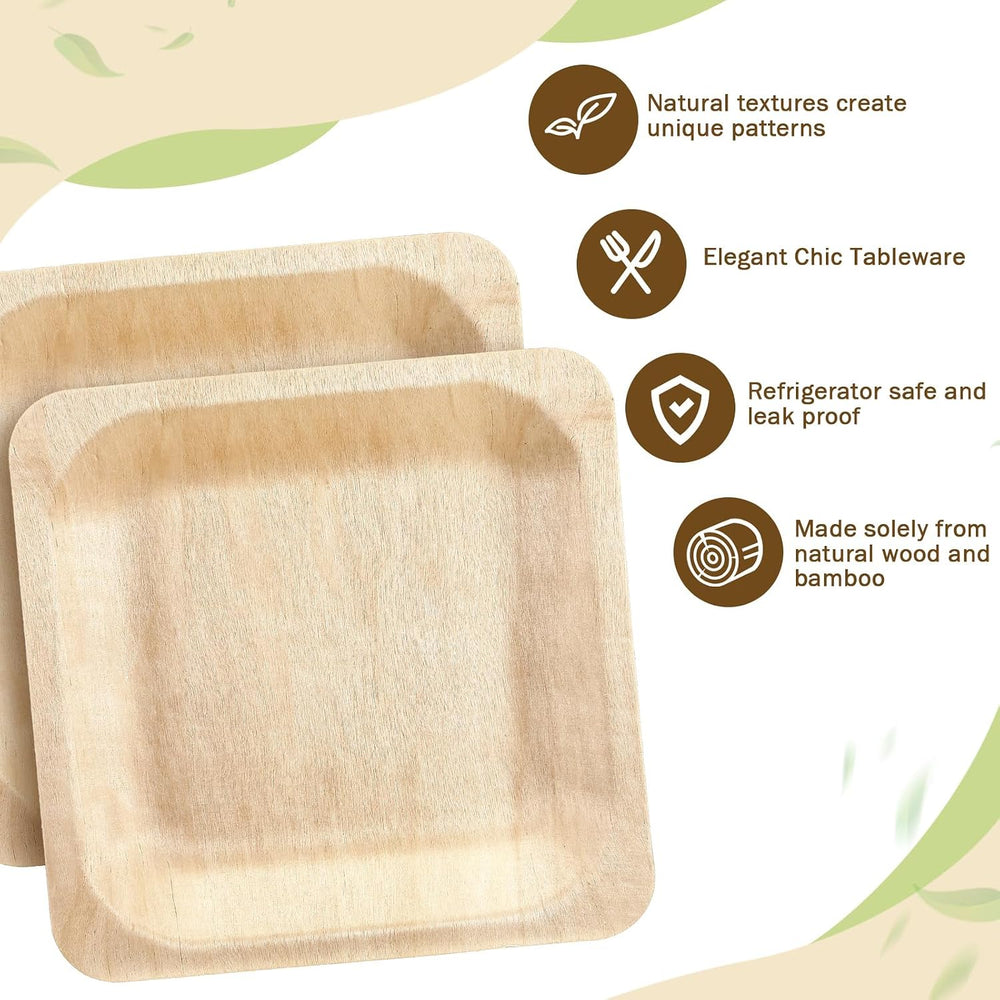 100 Pcs 6" Disposable Bamboo Plates Square Wooden Food Trays