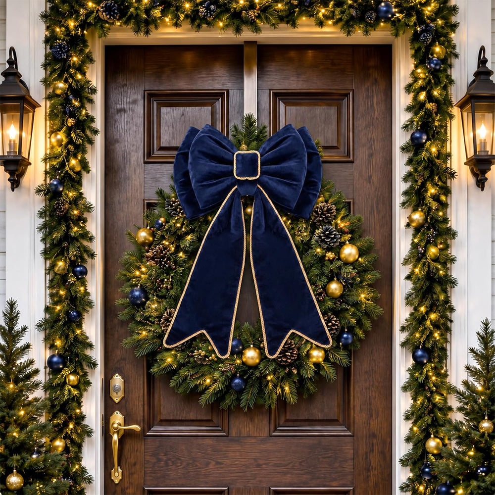 30'' Navy Blue Christmas Tree Topper Velvet Bows Decor with Gold Trim