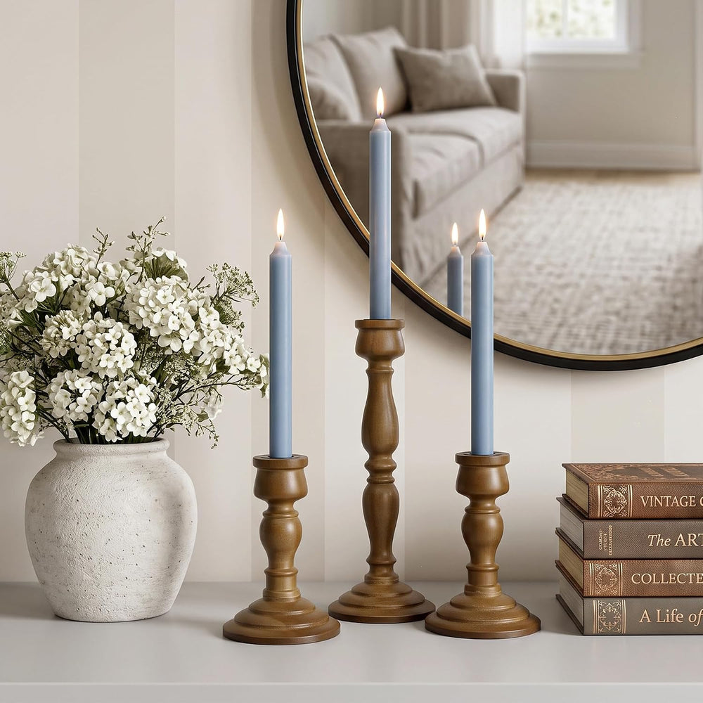 Wooden Taper Candle Holders Set of 3, Rustic Brown Farmhouse Decor