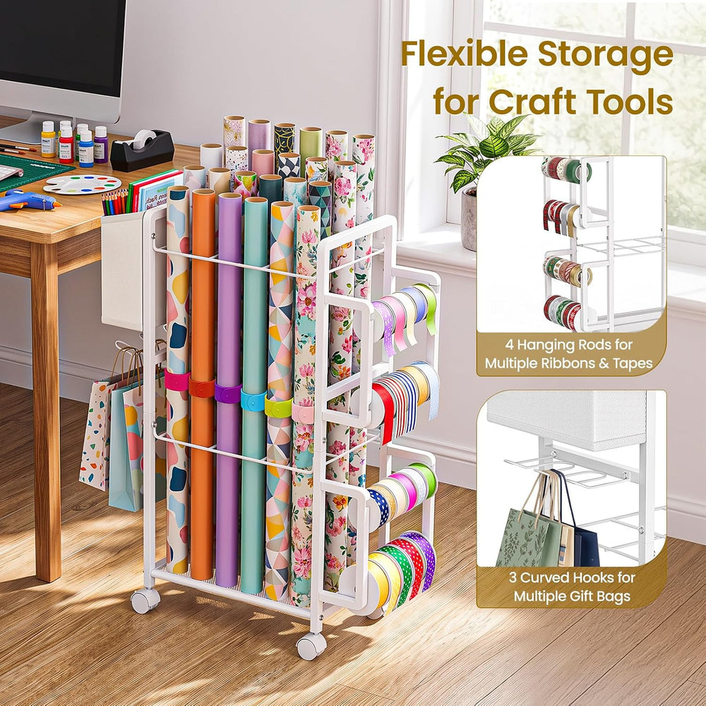 Lewondr Wrapping Paper Organizer Storage, Rolling Gift Wrap Storage Stand