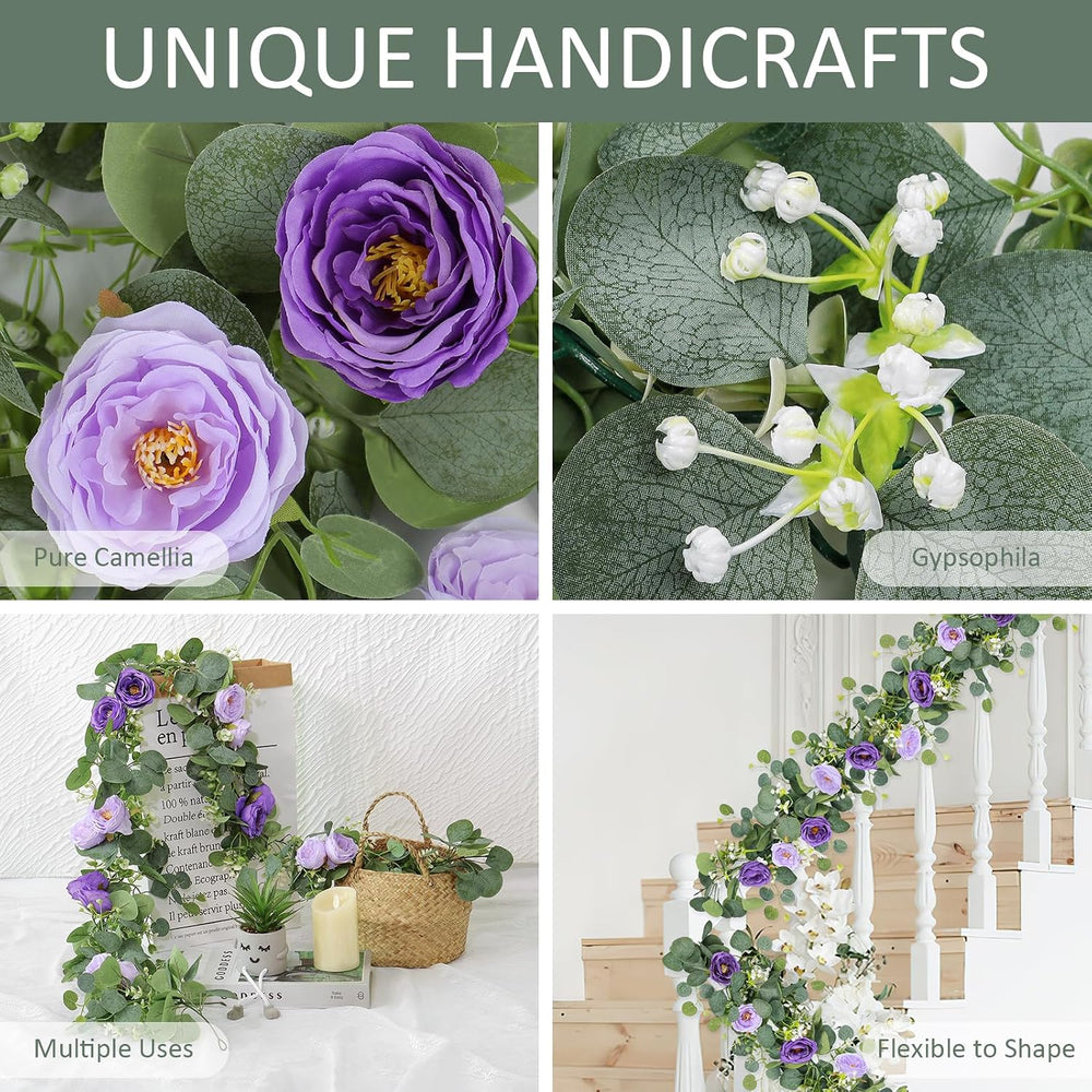 TOCHGREEN 4 Pack Artificial Eucalyptus Flower Garland with Purple Roses