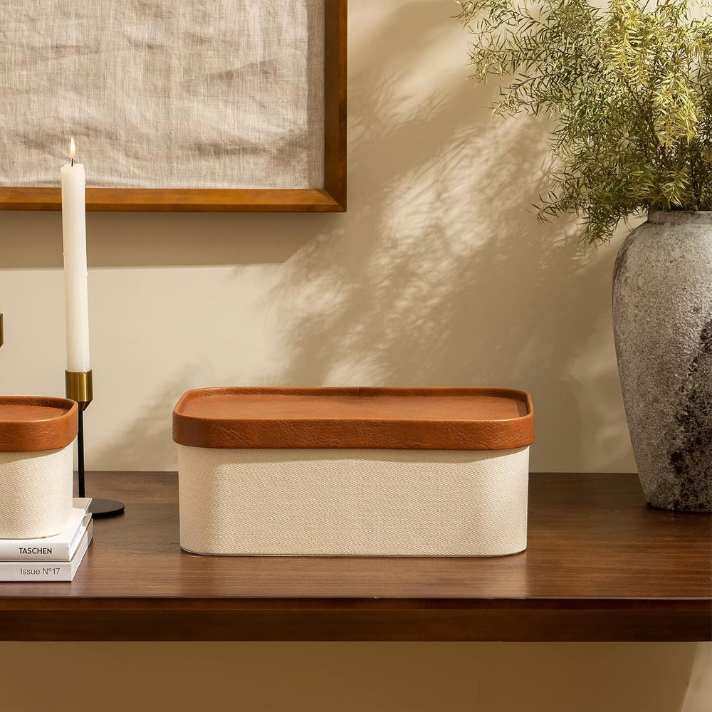 LA JOLIE MUSE Decorative Storage Boxes with Lids Faux Leather, Beige 3 Pack
